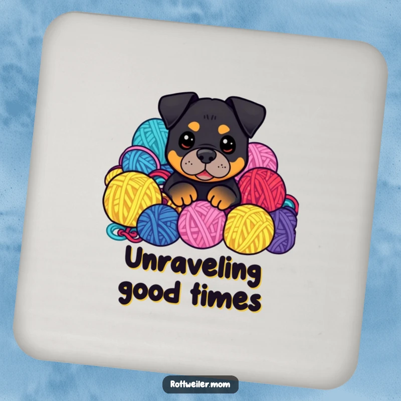 Funny Kawaii Rottweiler peeking from yarn balls on coasters, bringing cozy humor to your home.