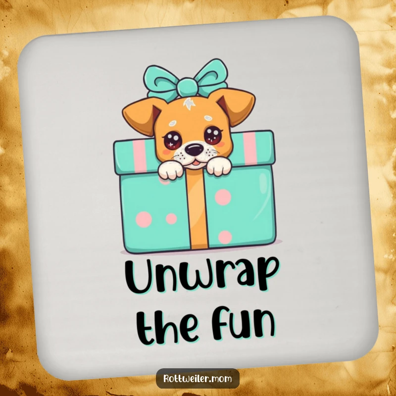 Funny peek-a-boo dog drink coaster, a dog with sparkling eyes peeking from behind a gift box, perfect for tables.