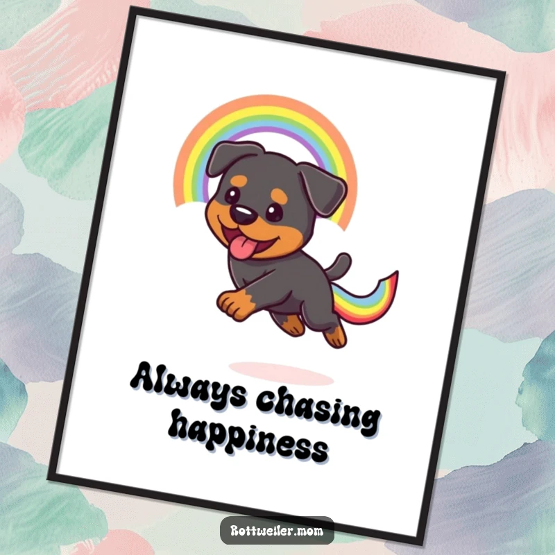 Funny Kawaii Rottweiler in full chase after a spectacular rainbow tail, presented as vibrant wall art, full of energy.