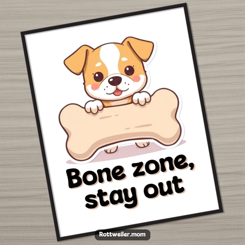 Funny Poster: A dog's head peeking from behind an exaggeratedly large bone, capturing a moment of playful curiosity and humor.