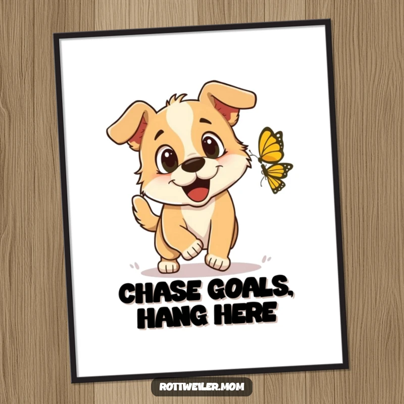 Funny Poster: An illustration of a dog gleefully chasing a butterfly with wide-eyed excitement, capturing a moment of pure canine delight.