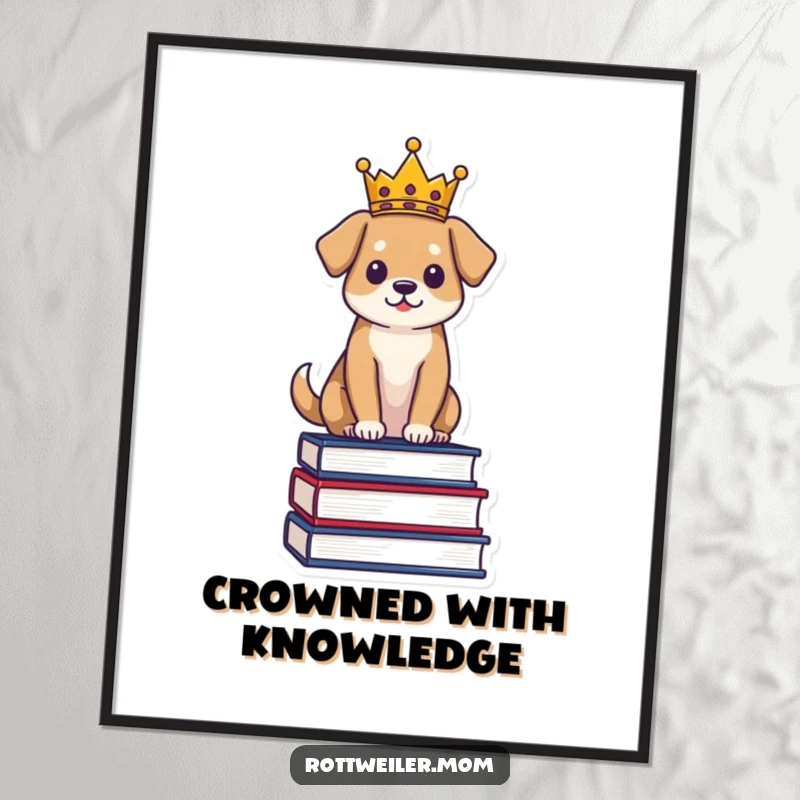 Funny Regal Dog Poster: Dog wearing a crown sits proudly on a stack of books, majestic humorous decor.