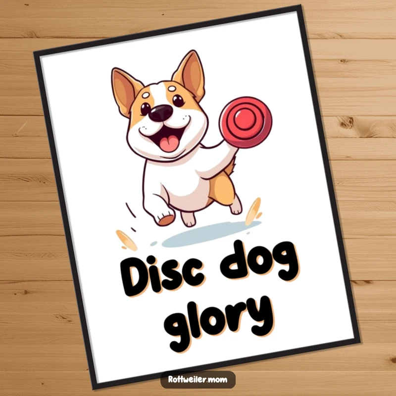 Funny poster art of a stocky dog with alert ears, captured mid-chase, relentlessly pursuing a frisbee with exhilarating speed and focus.