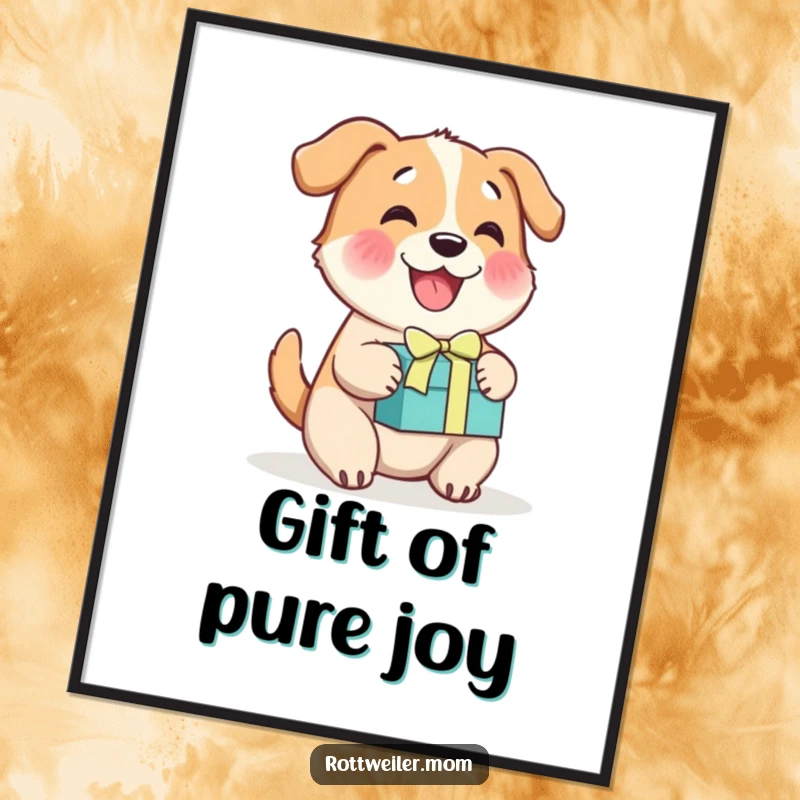Funny cheerful dog poster, a happy dog wagging its tail with glee next to a beautifully wrapped gift box.