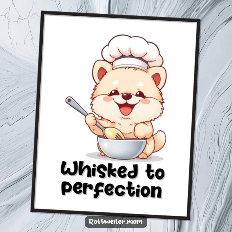 Funny Chef Dog Poster: A fluffy dog in a chef hat gleefully whisks batter, perfect for kitchen decor.