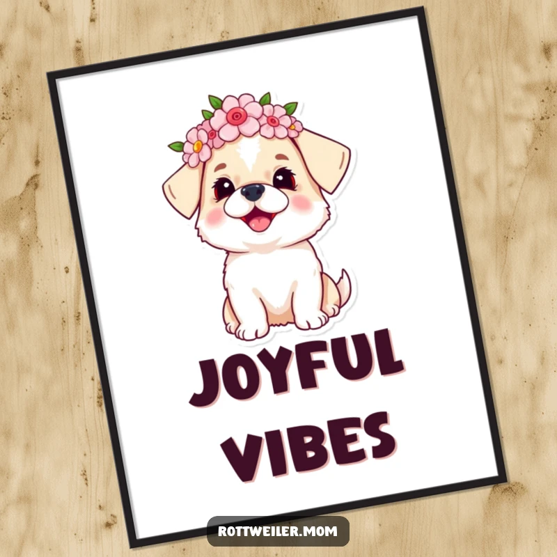 Funny dog poster illustrating a small dog wearing a colorful flower crown, gazing upwards with an expression of pure, radiant joy.