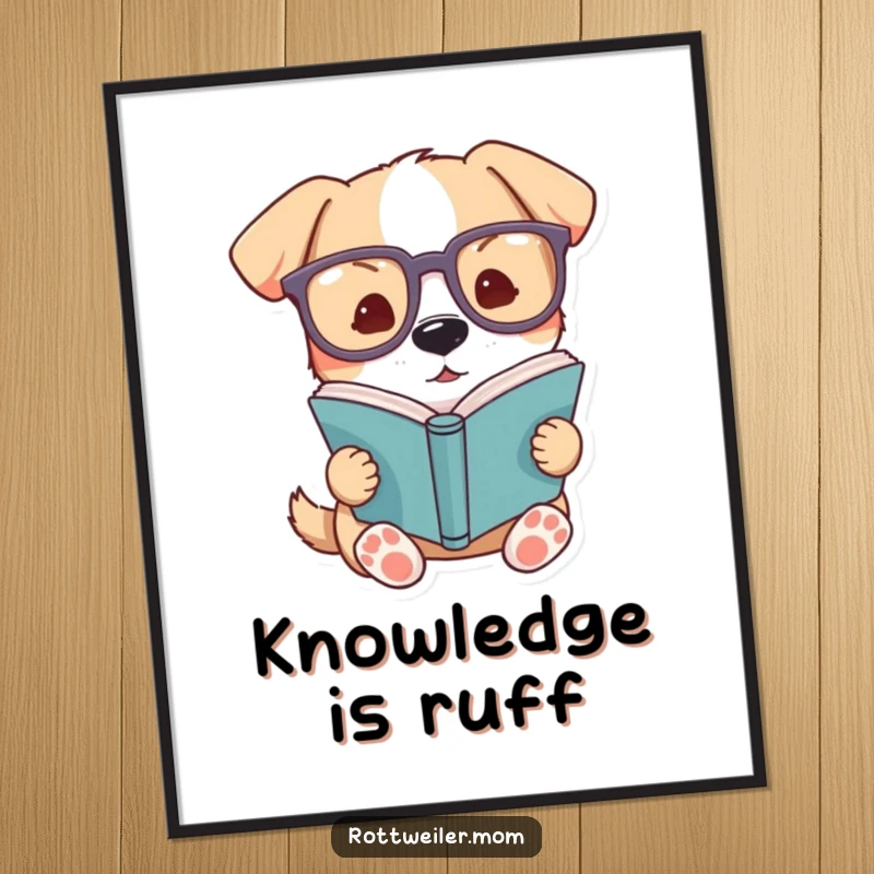 Funny dog poster, a scholarly dog with large glasses reading a book, adding intellectual humor to decor.