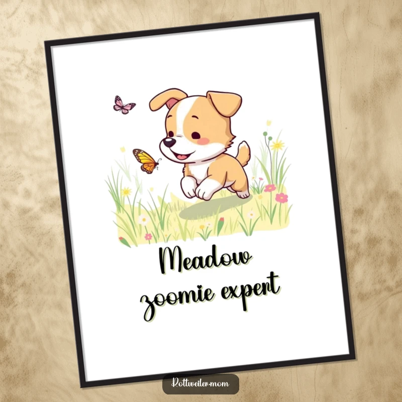 Funny dog poster depicting a dog gleefully chasing a butterfly in a sun-drenched meadow, a heartwarming and amusing wall decoration.