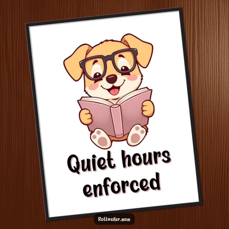 Funny poster showcasing a dog with glasses smiling while deeply engrossed in reading a book, adding literary humor.