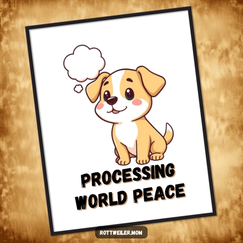 Funny cartoon dog poster with a thought bubble, suggesting a humorous or quirky idea, perfect for wall decor.
