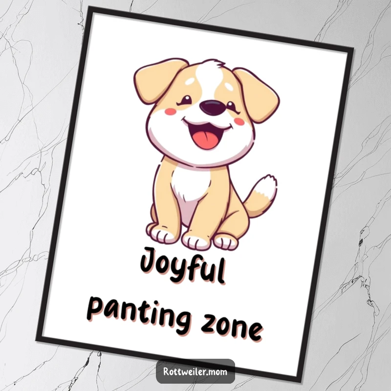 Funny dog poster, a dog expressing extreme happiness with a fast wagging tail and panting, creating a joyful scene.