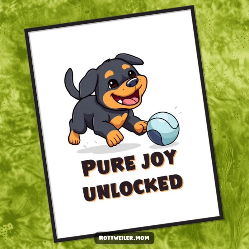 Funny poster: a kawaii Rottweiler with a silly grin chasing a bouncing ball, capturing the essence of playful canine energy.