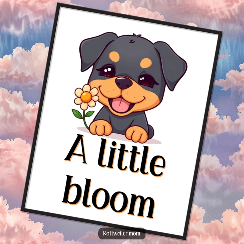 Funny Kawaii Rottweiler Poster showing a cute dog winking and offering a single cheerful flower, adding a touch of humor.