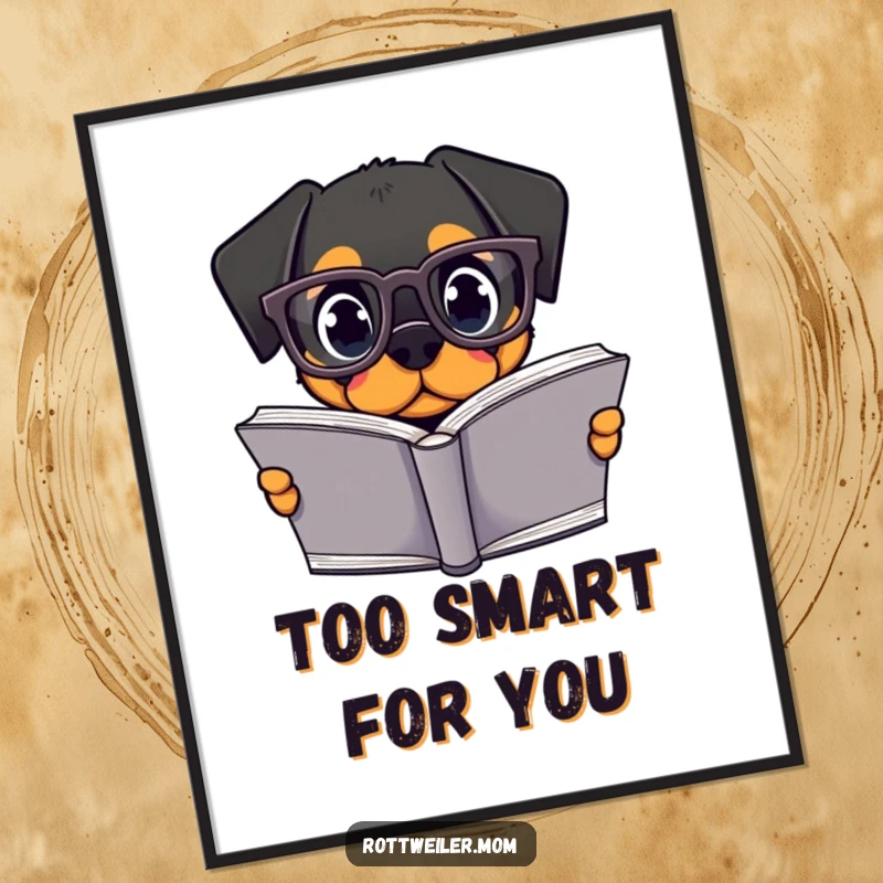 Funny Kawaii Rottweiler Poster depicting a studious dog in oversized glasses, engrossed in a massive book, great funny gift.