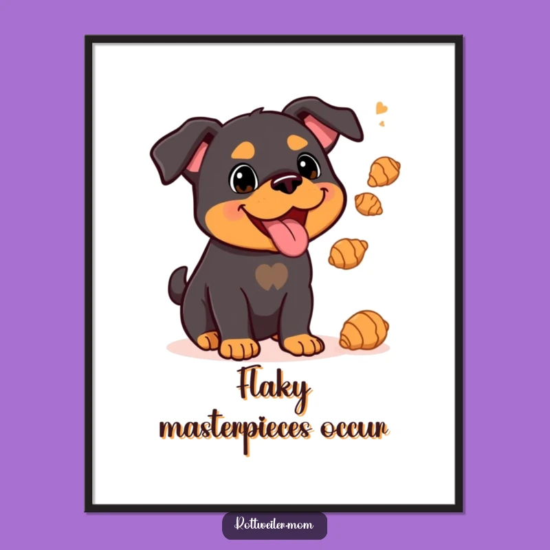 Funny Kawaii Rottweiler Poster: Juggling Croissants, Whimsical Wall Art Gift