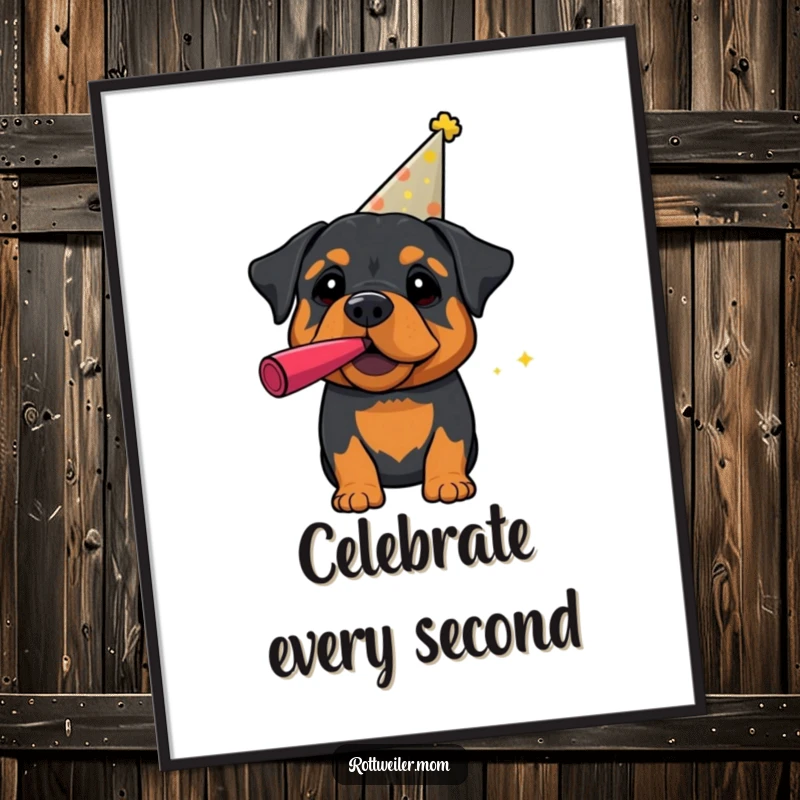 Funny Rottweiler Poster: A rottweiler in party attire blows a noisemaker, creating a festive and humorous wall decoration.
