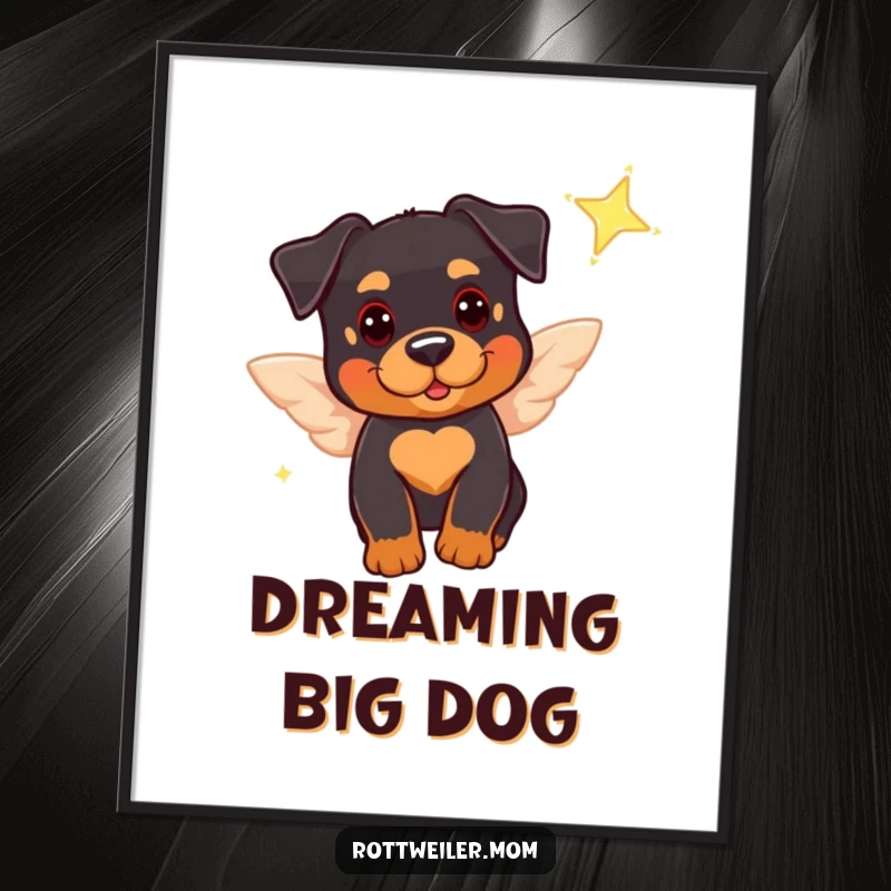 Funny poster depicting a cute Rottweiler with tiny wings, playfully near a sparkling star, creating whimsical and humorous wall art.