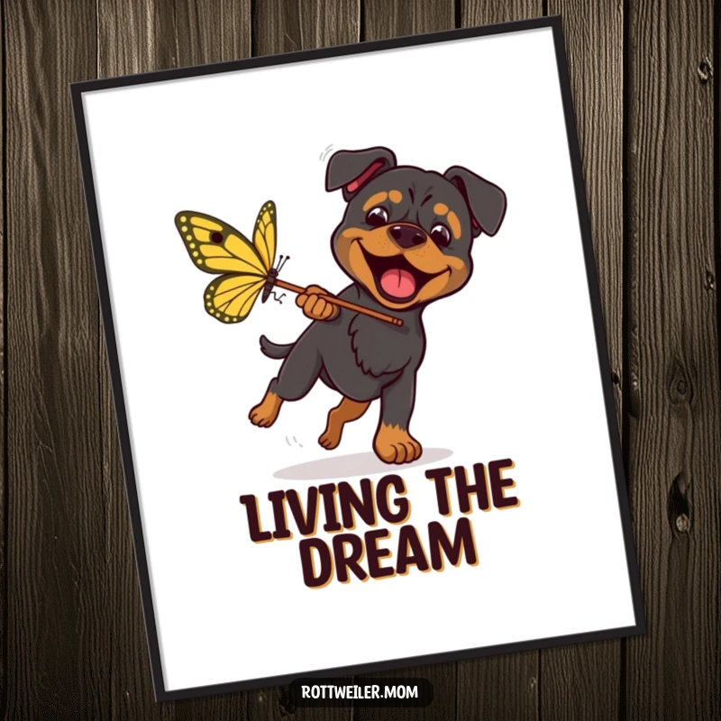 Funny Rottweiler Butterfly Chase Poster shows an excited dog with a net, pursuing a large butterfly in a humorous, action-packed scene.