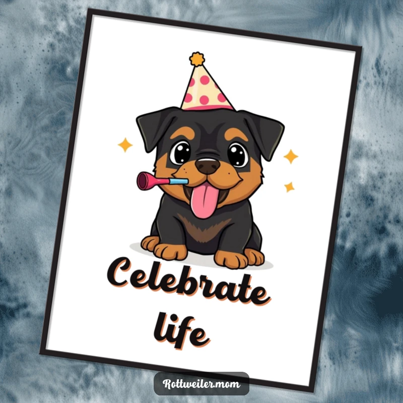 Funny poster featuring a Rottweiler puppy in a party hat, exuberantly blowing a noisemaker, creating festive and humorous wall art.