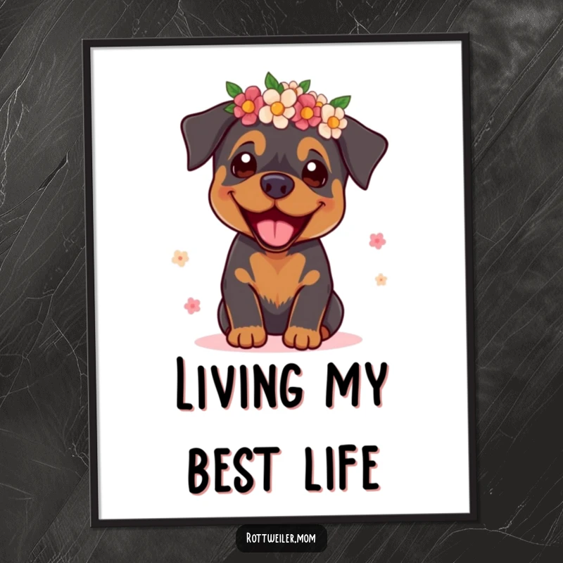 Funny Rottweiler Supermodel Poster: A striking image of a rottweiler supermodel in a flower crown, full of fashion humor.
