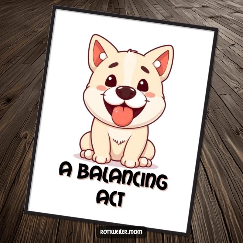 Funny Stocky Dog Poster, illustrating a happy, panting dog with a treat perfectly balanced on its nose, bringing joy to any wall.