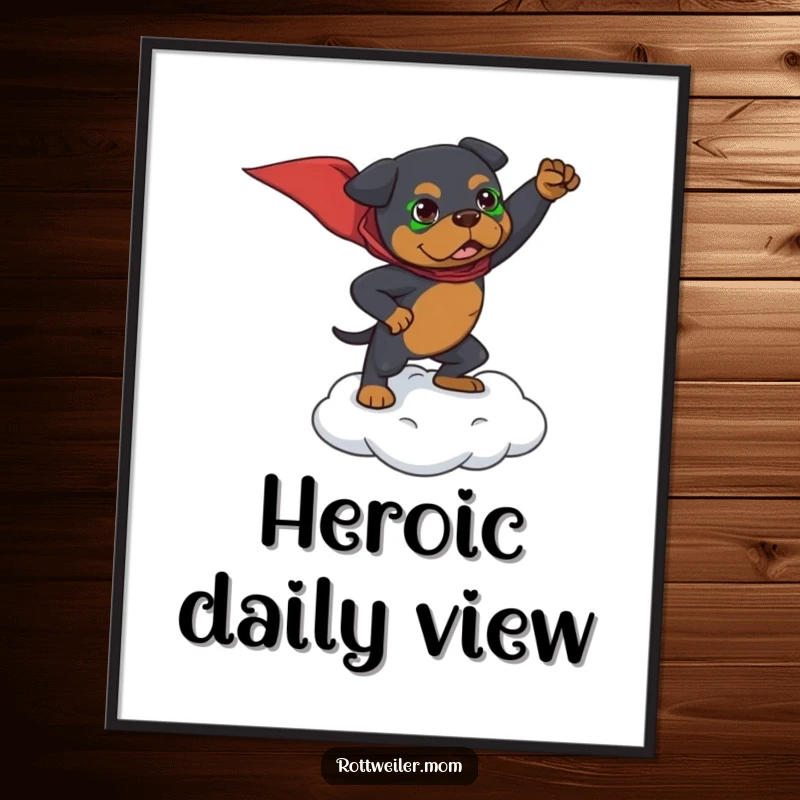 Funny poster of a Rottweiler striking a dramatic superhero pose high up on a tiny cloud, a powerful image.