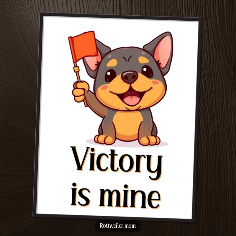 Funny Rottweiler Poster: A rottweiler enthusiastically waves a small flag, creating dynamic and humorous wall art for supporters.