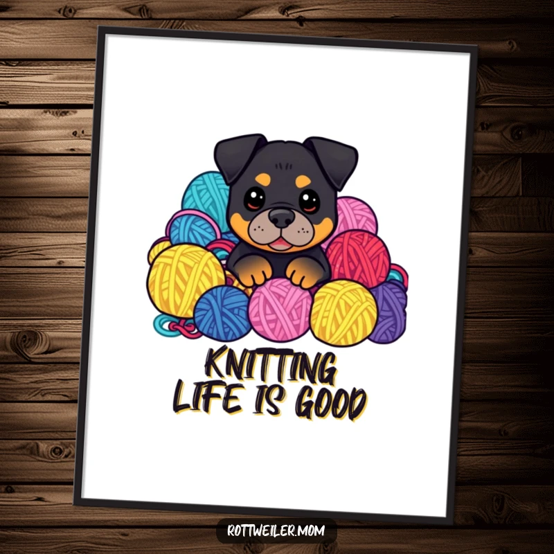 Funny Kawaii Rottweiler peeking from a colorful yarn pile on a poster, a cozy and humorous visual.