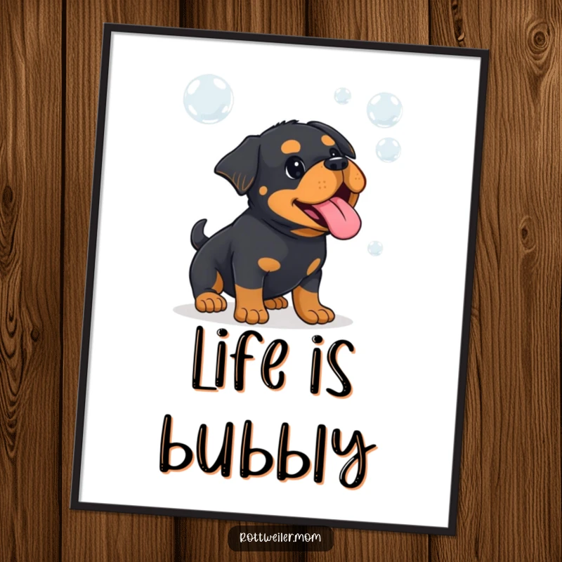 Funny Kawaii Rottweiler, tongue lolling out, playfully pursuing iridescent bubbles, creating humorous wall decor.