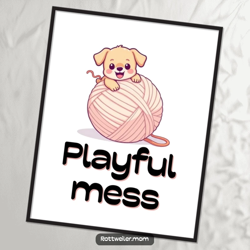 Funny puppy poster illustrating a tiny dog happily tripping over a massive ball of yarn, captured mid-tumble with a joyful expression.