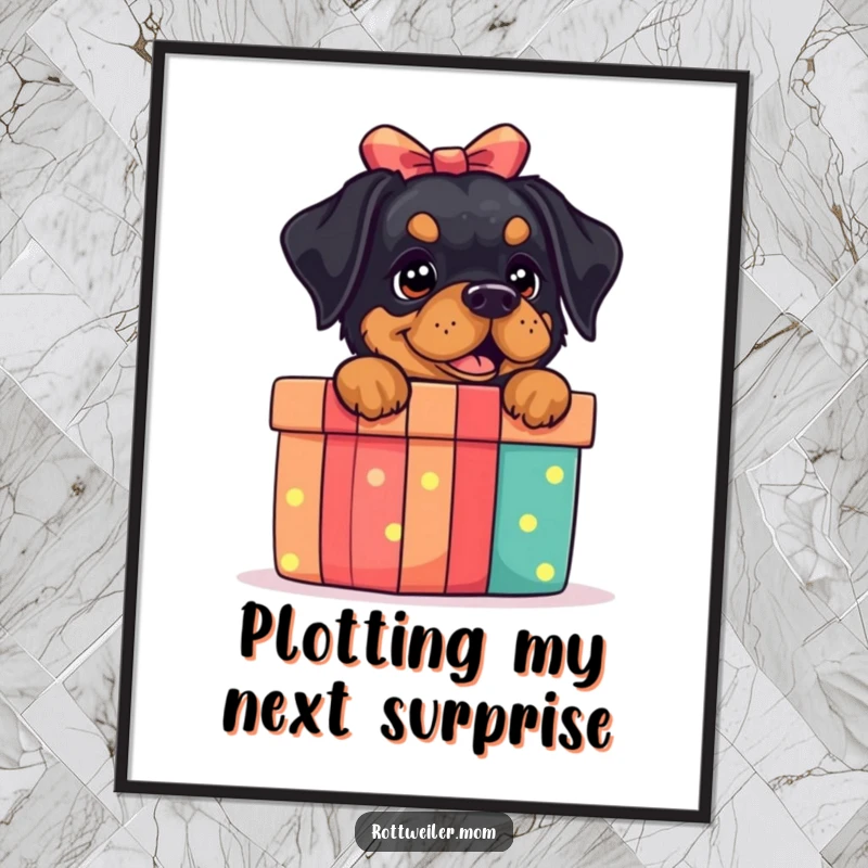 Funny Rottweiler Gift Box Poster: An art print of an excited rottweiler peeking from a gift box, full of celebration.