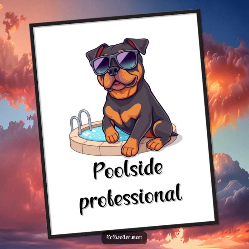Funny Rottweiler Poolside Poster: Art print of a rottweiler in sunglasses lounging by a pool, full of vacation humor.