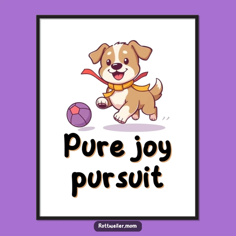 Funny Playful Dog Poster: Ribbon Pup Chasing Ball - Dynamic Action Wall Art