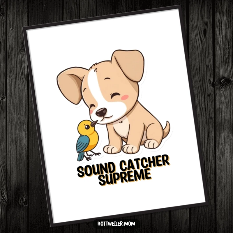 Funny puppy poster, a dog with enormous ears listening diligently to a small bird, creating a heartwarming scene.