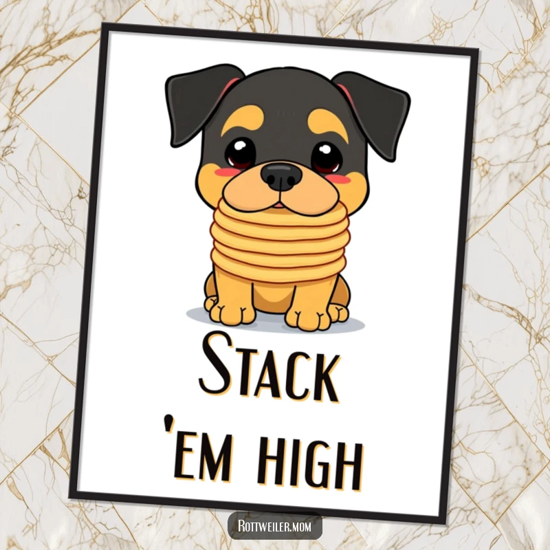 Funny Kawaii Rottweiler Poster print of a cute dog attempting to balance a giant stack of pancakes perfectly on its nose.