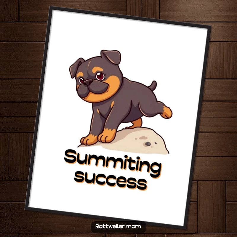 Funny Kawaii Rottweiler Poster showing a cute dog with a determined look climbing up a small hill, inspiring and funny.