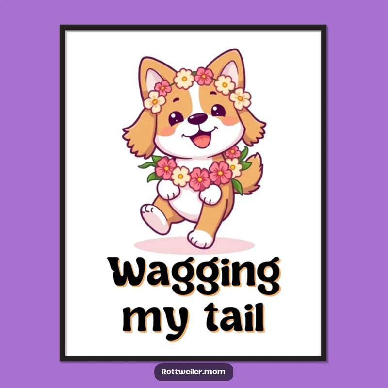 Funny Happy Dog Poster: Flower Garland Pup Prancing - Joyful Wall Art