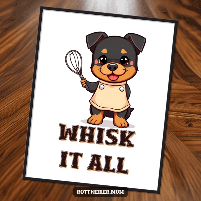 Funny poster: a kawaii Rottweiler wearing an apron and happily holding a whisk, celebrating the joy of baking.