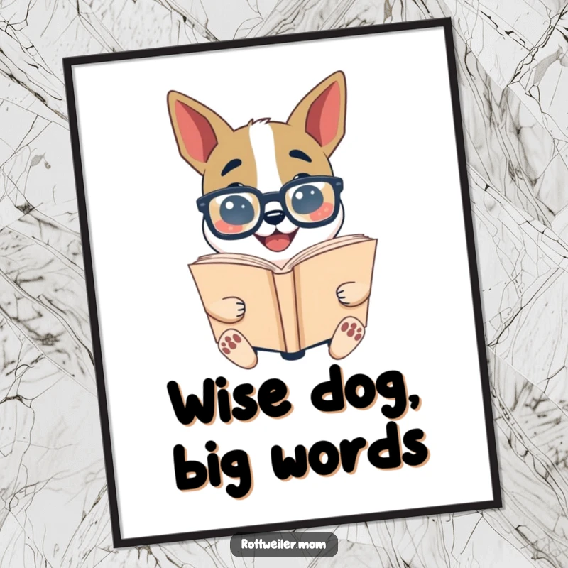 Funny Bookworm Dog Poster: Dog with oversized glasses reading a giant book, perfect whimsical decor for book lovers.