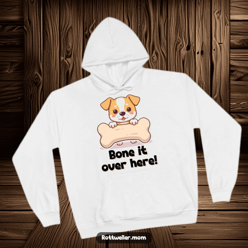 Funny Hoodie: A playful dog peeking coyly from behind a huge bone, radiating warmth, comfort, and a touch of sneaky charm.
