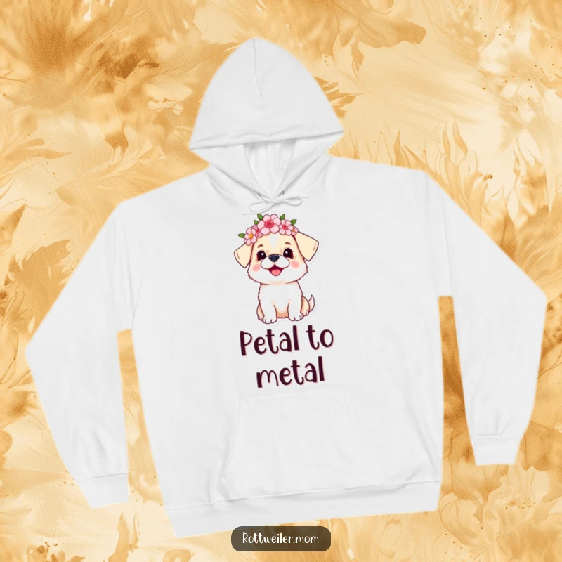Funny dog hoodie featuring a small dog adorned with a lovely flower crown, looking upwards with an expression of pure, serene joy.