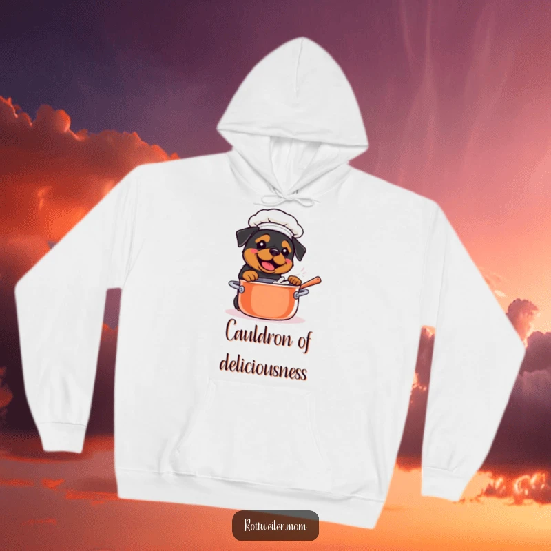 Funny Kawaii Rottweiler wearing a chef hat and stirring a big pot on a cozy hoodie, a heartwarming design.