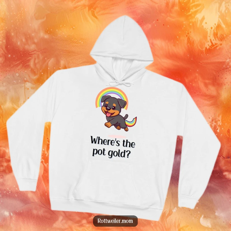 Funny Kawaii Rottweiler in hot pursuit of a colorful rainbow tail, featured on a comfortable hoodie, a delightful present.