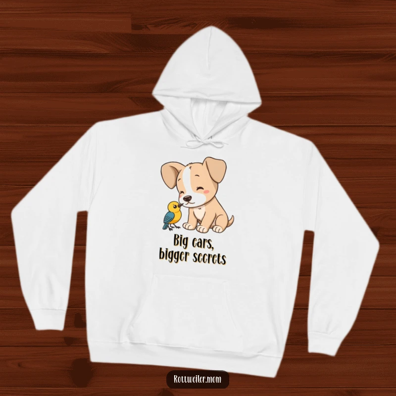 Funny puppy hoodie, a young dog with enormous ears focused on listening to a bird, conveying innocence and humor.