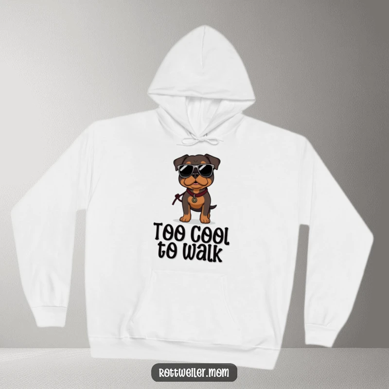 Funny Rottweiler hoodie showing a dog wearing oversized sunglasses and confidently strutting on a leash, looking stylish.