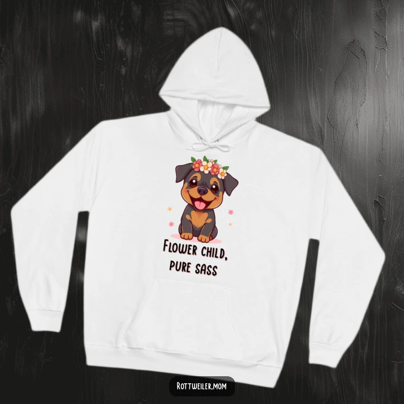 Funny Rottweiler Supermodel Hoodie: A comfortable hoodie featuring a rottweiler supermodel in a flower crown, very chic.