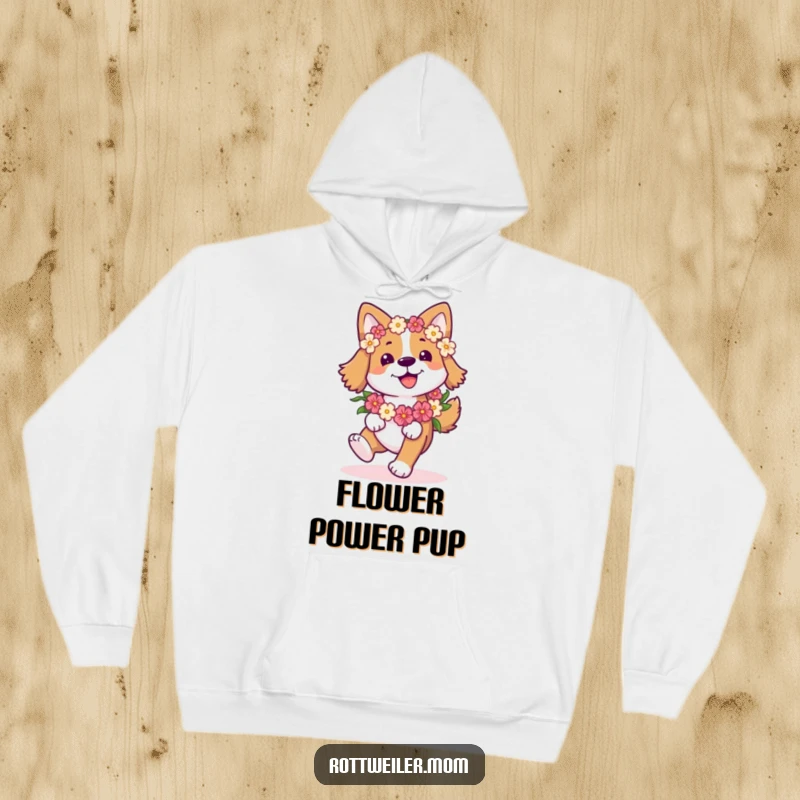 Funny Happy Dog Hoodie: Dog with a flower garland prancing, offering warm, joyful, and humorous comfort.