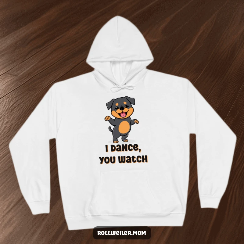 Funny hoodie featuring a Kawaii Rottweiler doing a silly dance with a wagging tail, offering cozy comfort and humorous doggy joy.