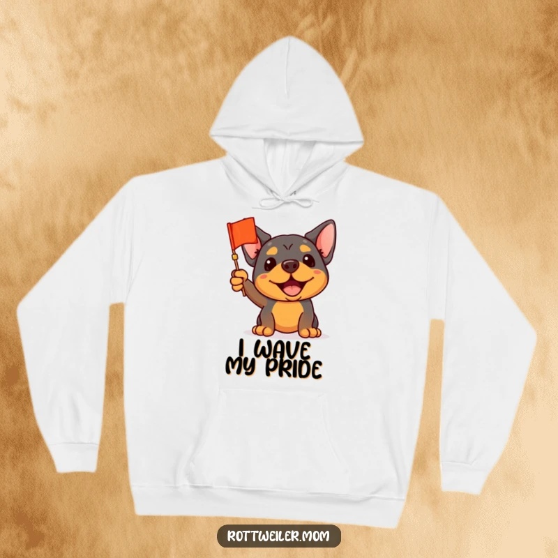 Funny Rottweiler Hoodie: A rottweiler enthusiastically waves a small flag, printed on a warm hoodie for supporters.
