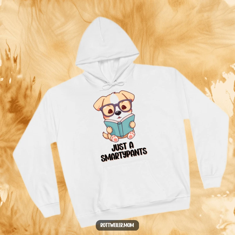 Funny dog hoodie, a pup wearing huge glasses focused on reading a book, exuding intelligence and warmth.
